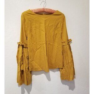 Catherine MaLandrino Top Blouse Pleated Bow Tie Bell Sleeve Size Small Mustard